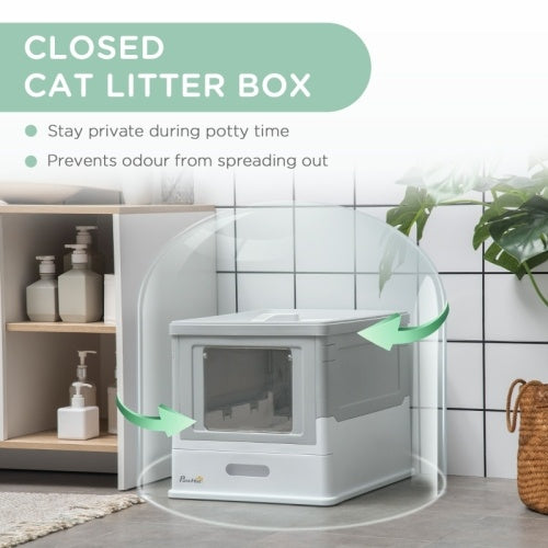 PawHut Hooded Cat Litter Box, Portable Pet Toilet, With Scoop, Front Entry - Grey - 95noo5