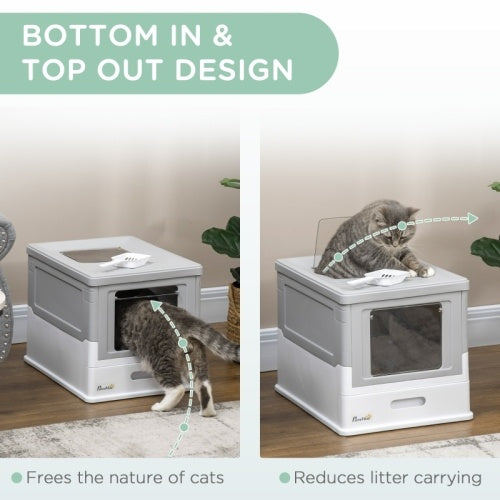 PawHut Hooded Cat Litter Box, Portable Pet Toilet, With Scoop, Front Entry - Grey - 95noo5