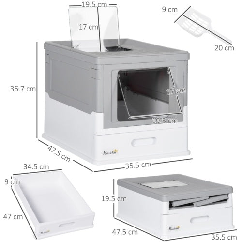 PawHut Hooded Cat Litter Box, Portable Pet Toilet, With Scoop, Front Entry - Grey - 95noo5