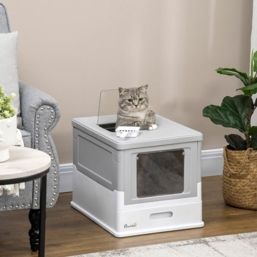 PawHut Hooded Cat Litter Box, Portable Pet Toilet, With Scoop, Front Entry - Grey - 95noo5
