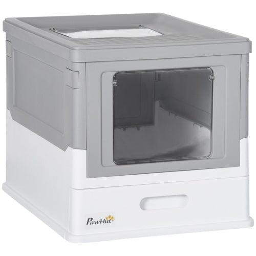 PawHut Hooded Cat Litter Box, Portable Pet Toilet, With Scoop, Front Entry - Grey - 95noo5