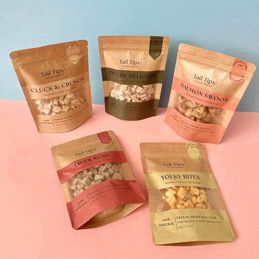 Tail Tips Taster Pack- Salmon, Duck, Chicken, Chicken Liver & Egg Yolk - 95noo5